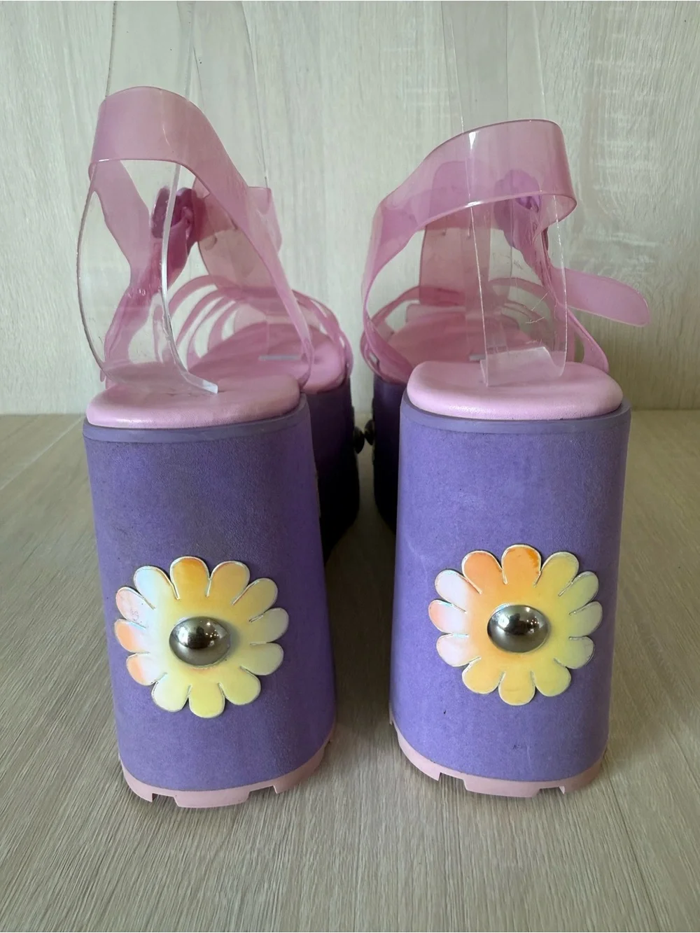 Sugar Thrillz Pink Jelly Platform Sandals Purple Daisy Flower Festival Y2K Sz 9M